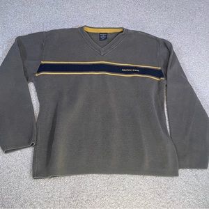 Nautica Jeans Company Pullover V-Neck Sweater Medium Striped Grey Khaki